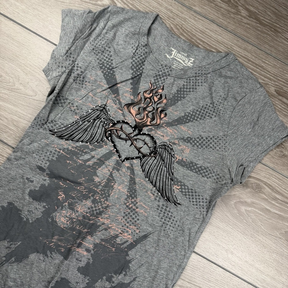 Jimmy'z Women's Short Sleeve Angel Wings Heart T Shirt Grey Large Read